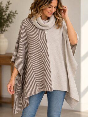 Chico’s Taupe and Cream Colorblock Cowl Neck Sweater, Pancho